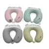 Cute cartoon bear-shaped U-shaped pillow, pink, light blue, gray and light yellow four-color striped memory foam travel pillow Item Picture